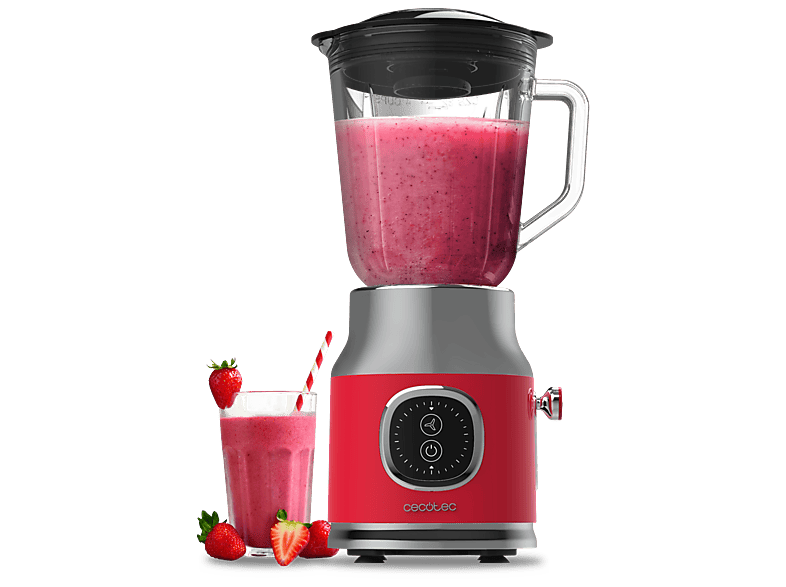 Batidora de vaso - Cecotec RetroTwist, 800 W, Jarra cristal, 1 L, 4 cuchillas titanio negro, Motor cobre, Función Pulse, Rojo