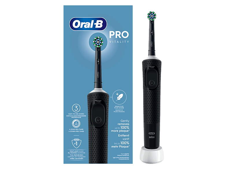 Cepillo eléctrico - Oral-B Vitality Pro, 1 Cabezal de recambio, Temporizador 2 minutos, Diseñado Por Braun, Negro