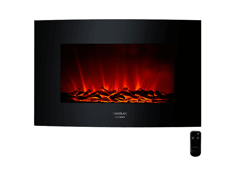 Chimenea eléctrica - Cecotec Ready Warm 3510 Curved Flames, 2000 W, Mando a distancia, Panel curvo de cristal templado, Llama ajustable, Negro